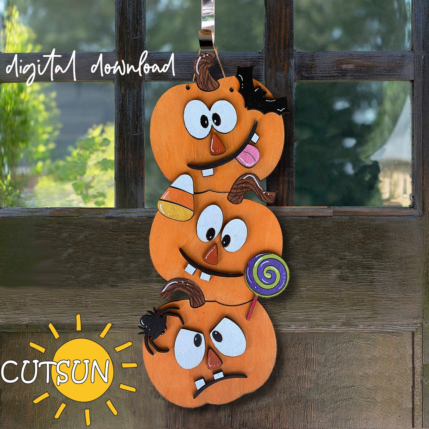 Funny Halloween pumpkins door hanger SVG | Stacked Halloween pumpkins door hanger SVG