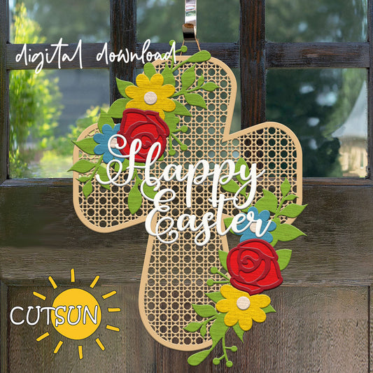 Digital download for a door hanger in the shape of a cross with rattan cane texture and flowers.