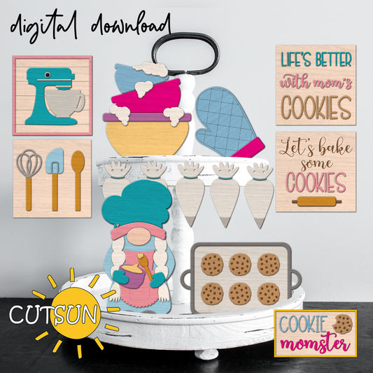 A collection of digital download designs for tiered tray decor, including a whimsical girl gnome, cookies, and kitchen accessories like a standing mixer and piping bags, with a 'Life's better with mom's cookies' slogan.