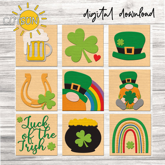 Digital download for a set of square leaning sings featuring St Patrick's day items: a beer, a shamrock with a heart, a Leprechaun's hat, a Leprechaun, a horseshoe with a shamrock, a rainbow, a pot of gold, a leprechaun and the text Luck of the Irish.
