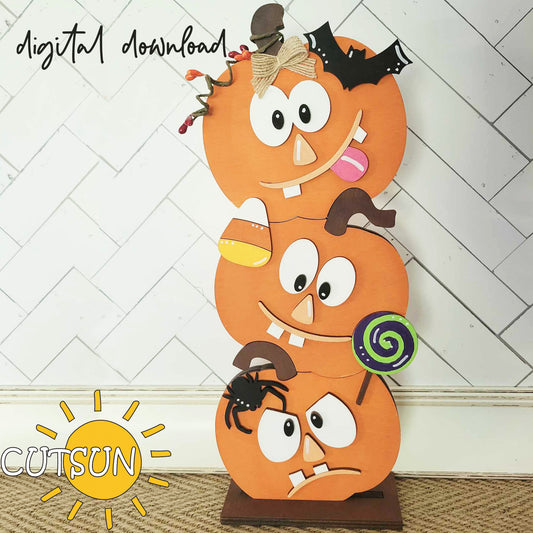 A set of digital download illustrations of stacked Halloween pumpkins with various decorations such as bats, candy, and spider webs.