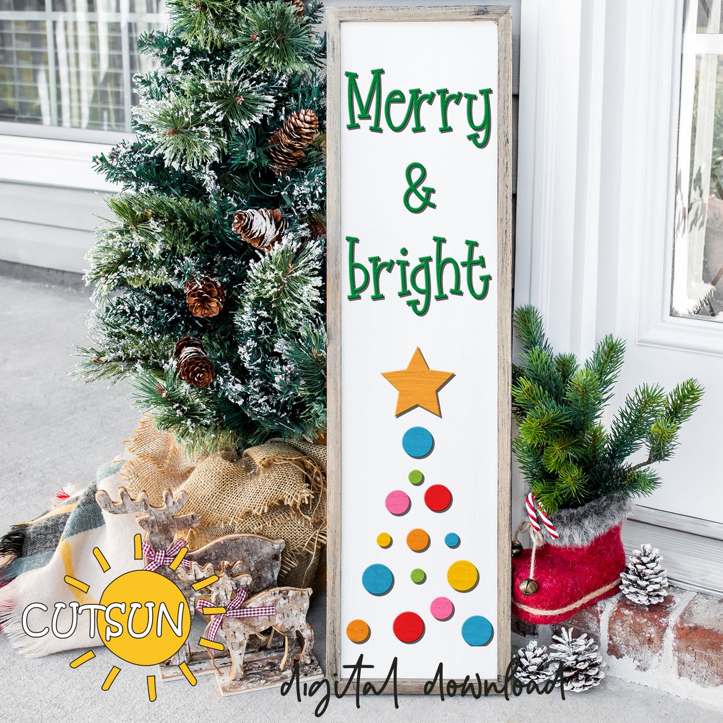 Digital download for a vertical porch leaner featuring the text Merry and bright, a star and a stylized Christmas tree created from rounds