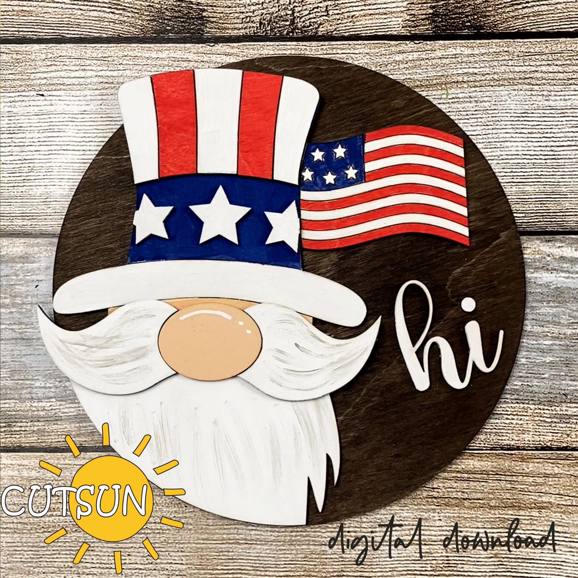 A digital door hanger sign featuring a patriotic gnome design with an American flag, marked with 'Cutsun' and 'Digital Download'.