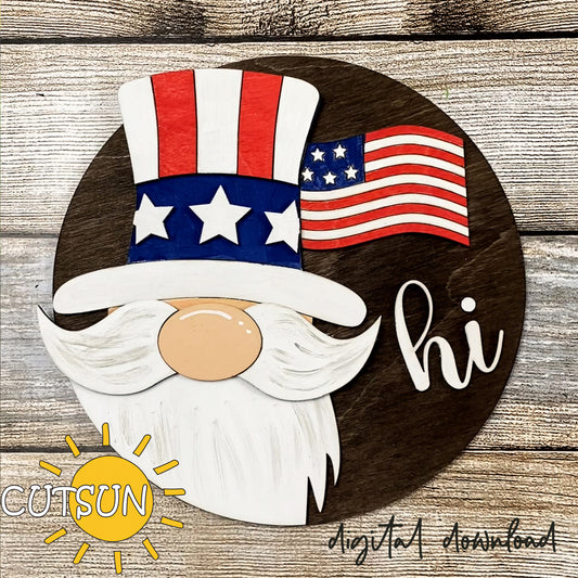 A digital door hanger sign featuring a patriotic gnome design with an American flag, marked with 'Cutsun' and 'Digital Download'.