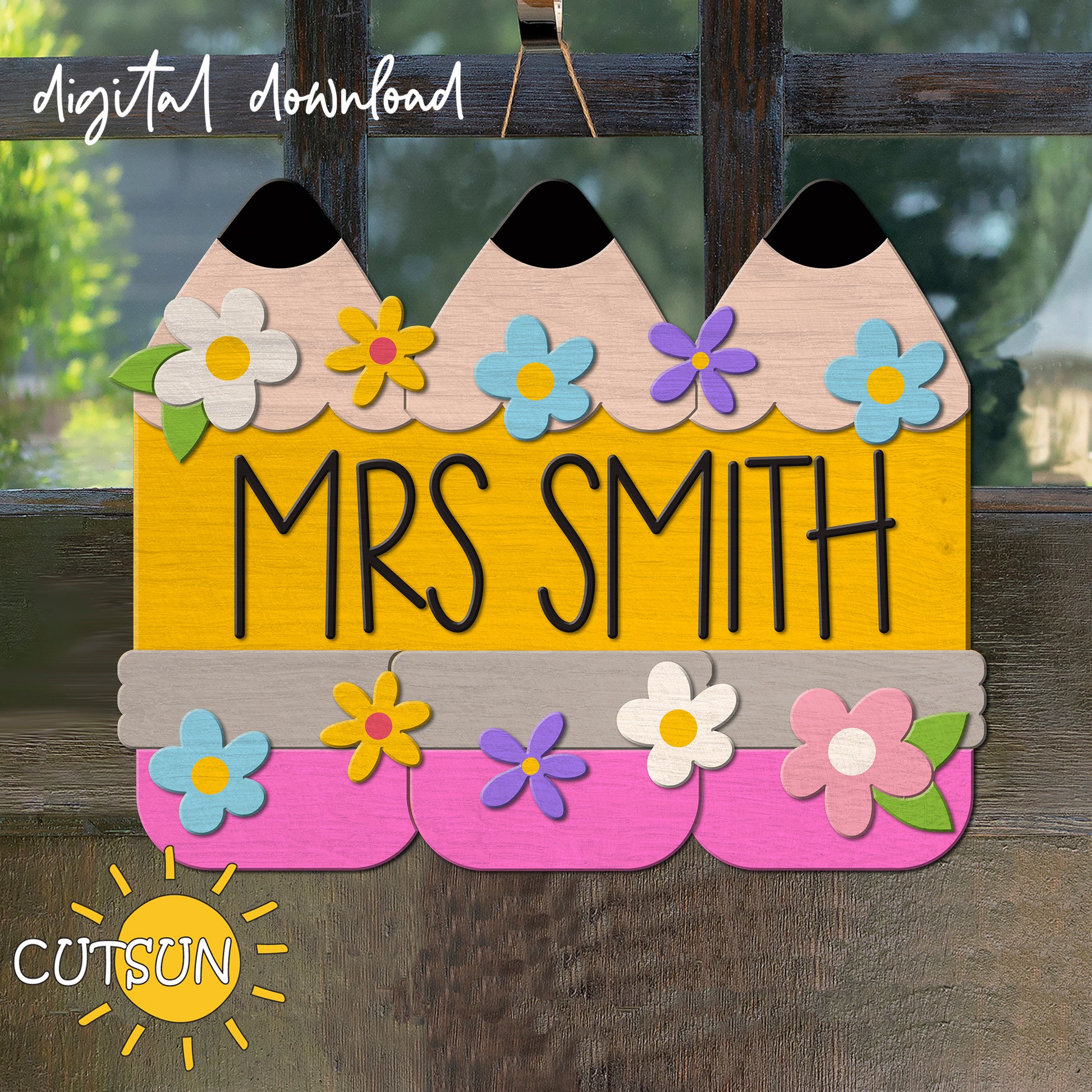 A digital door hanger with three pencils and floral elements, with the text 'MRS SMITH' in bold letters.