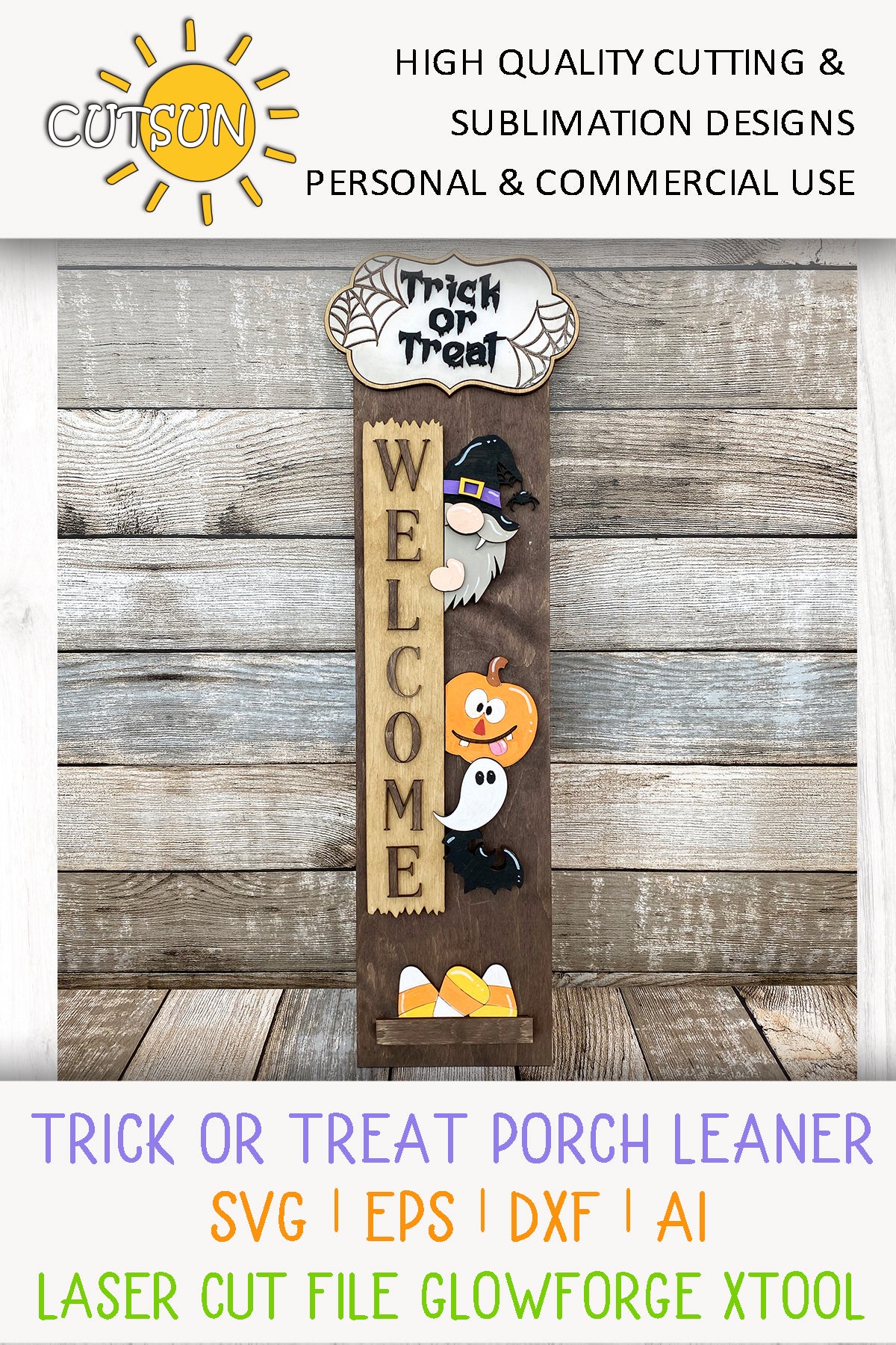 Halloween Porch Sign SVG – Vampire Gnome Add-On with Trick or Treat Plaque and Free Interchangeable Vertical Leaner for Laser Cutters