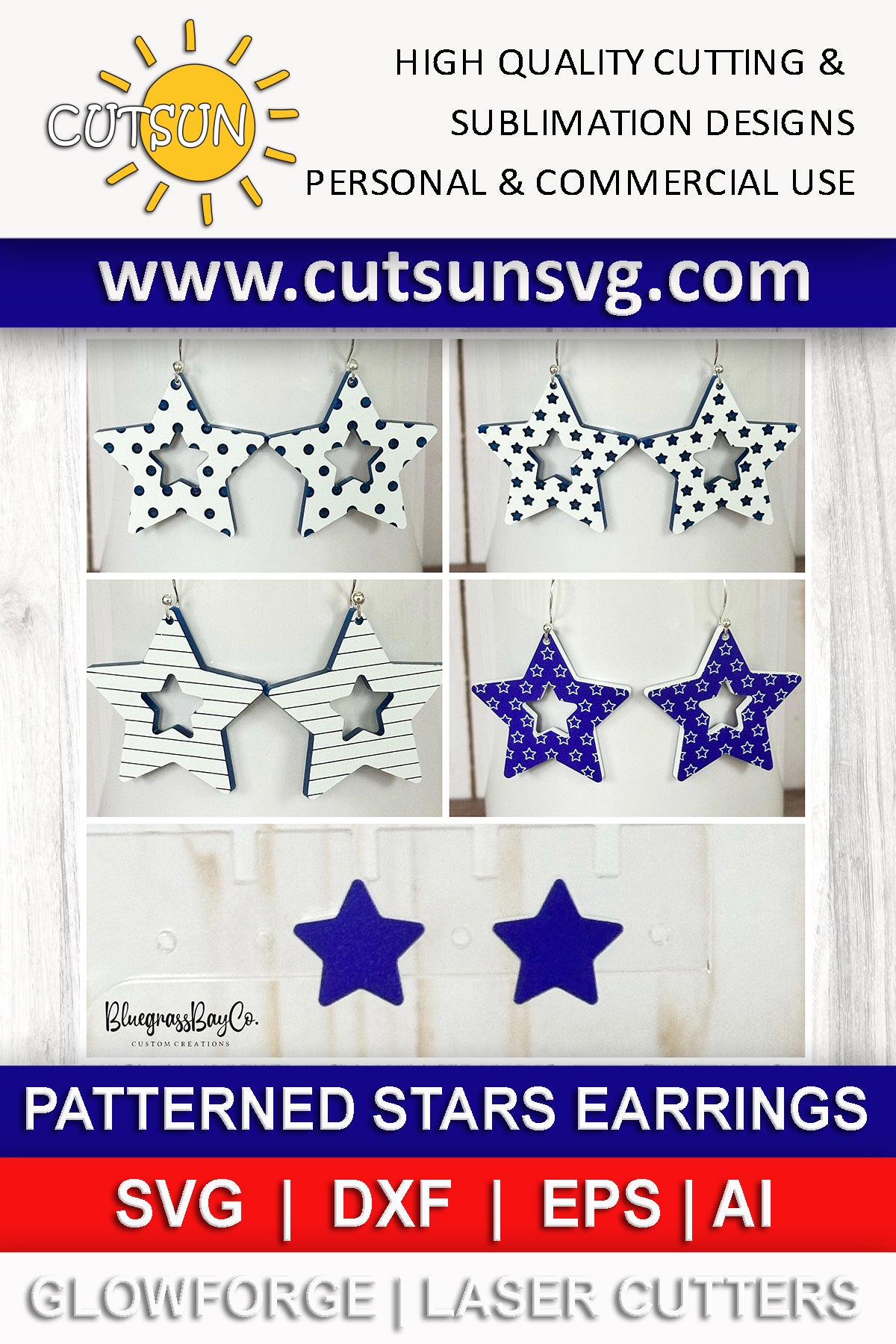 Patterned Stars dangle earrings SVG bundle | Laser cut file | Glowforge svg