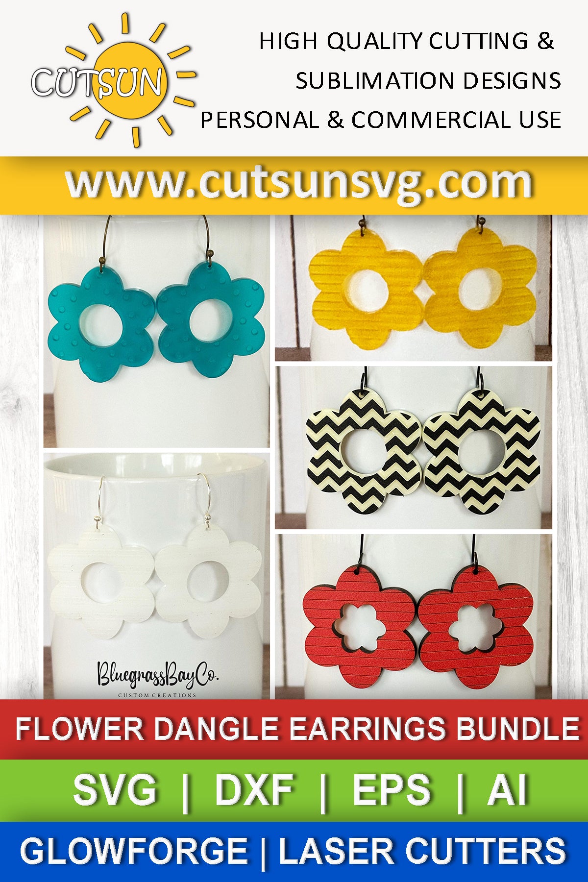 Patterned Flower Dangle Earrings SVG Bundle | Floral Laser Jewelry Cut Files