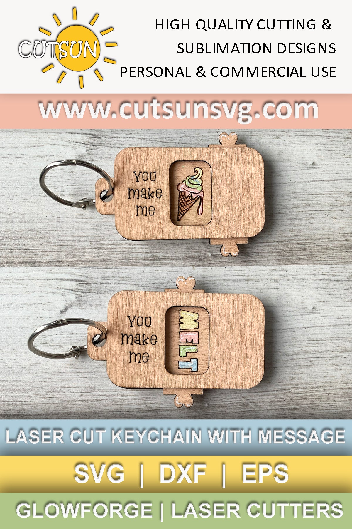 SVG digital download for use with laser cutters for a funny keychain featuring the message "You make me melt" and a picture of a melting ice cream