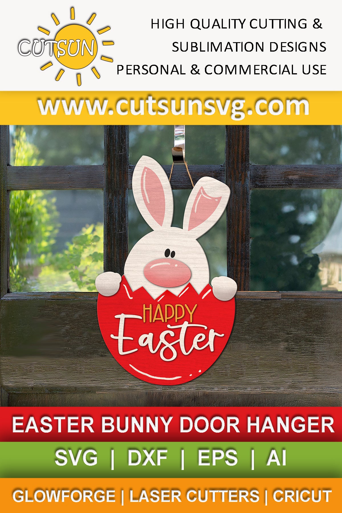 Easter Door Hanger SVG | Bunny Front Door Sign Laser Cut File | Easter Egg and Bunny SVG for Spring Welcome Decor