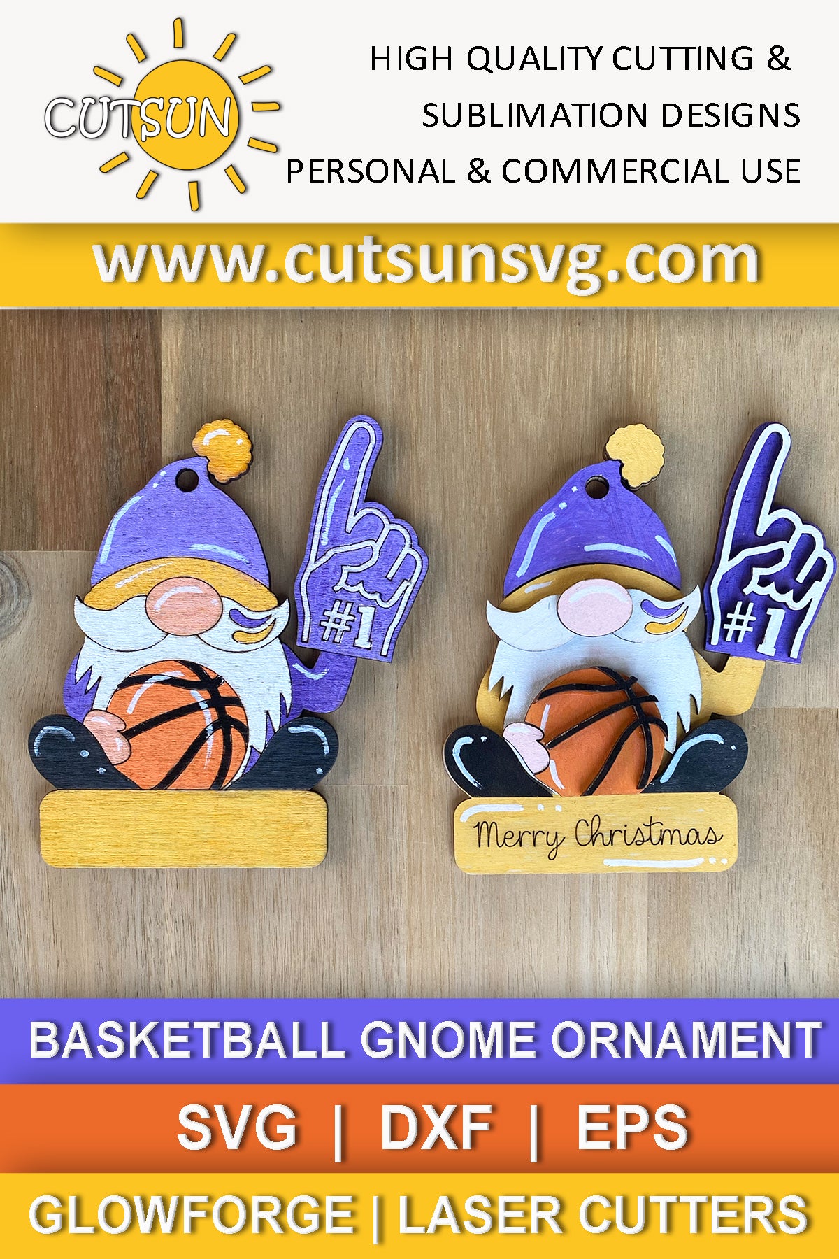 Digital download featuring a cheerful Basketball gnome: a fan holding a foam hand and basketball with customizing options. Two versions included: laser cut file to score & paint or cut & assemble. Great for decorating your Christmas tree, gift tags, or a present to a basketball fan. Previews included, 4" height.