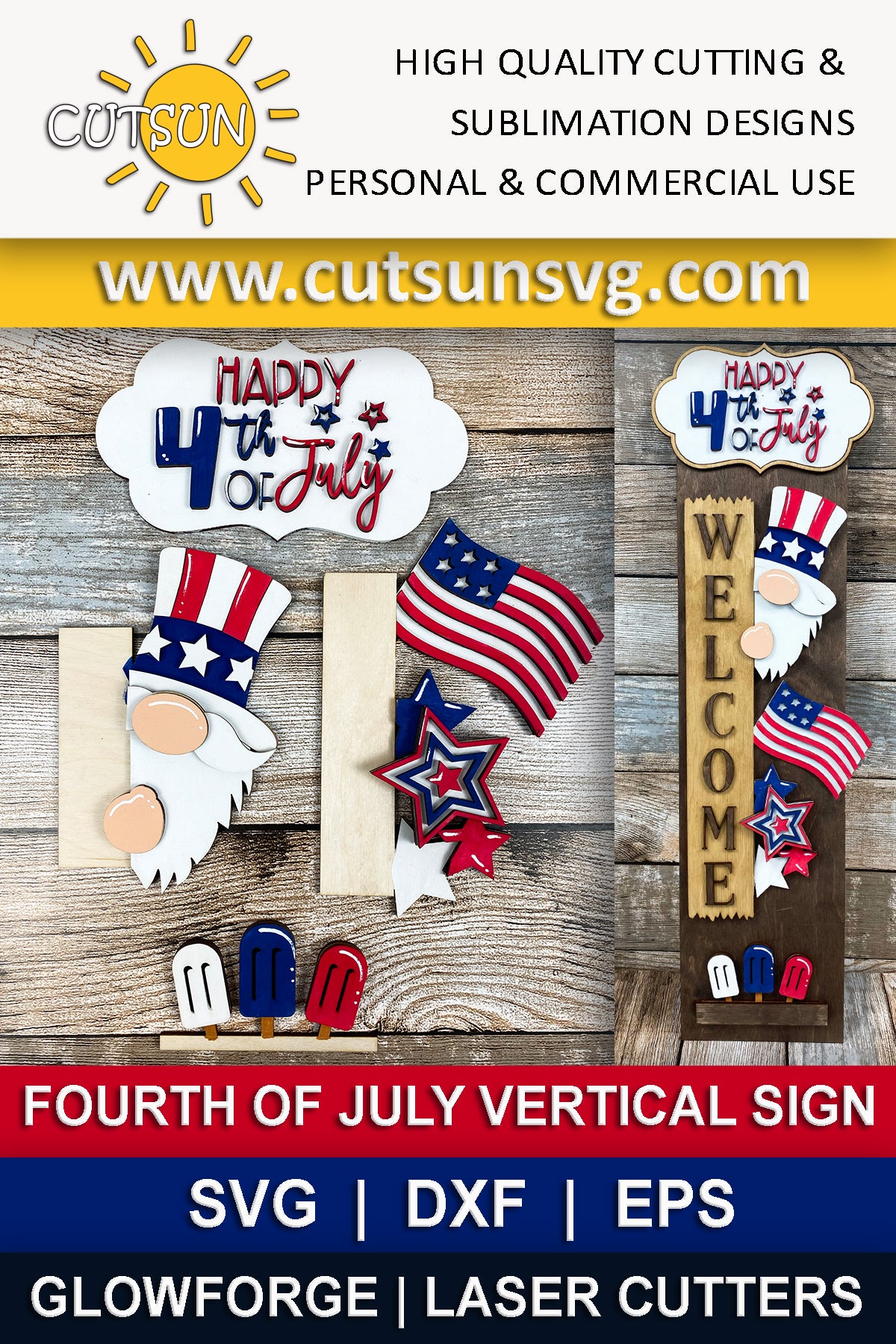 4th of July porch sign add-on with a free Interchangeable Porch leaner SVG Patriotic Gnome vertical porch sign Summer decor Laser cut file