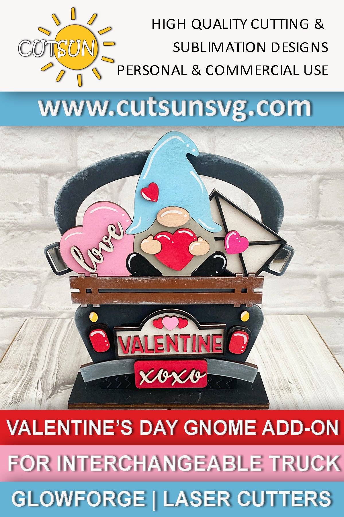 Valentine's day add-on for the Interchangeable truck featuring a cute Gnome holding a heart, a heart with love and a love letter; a plate with three hearts and the word Valentine and a license plate with xoxo - SVG digital download for use with laser cutters