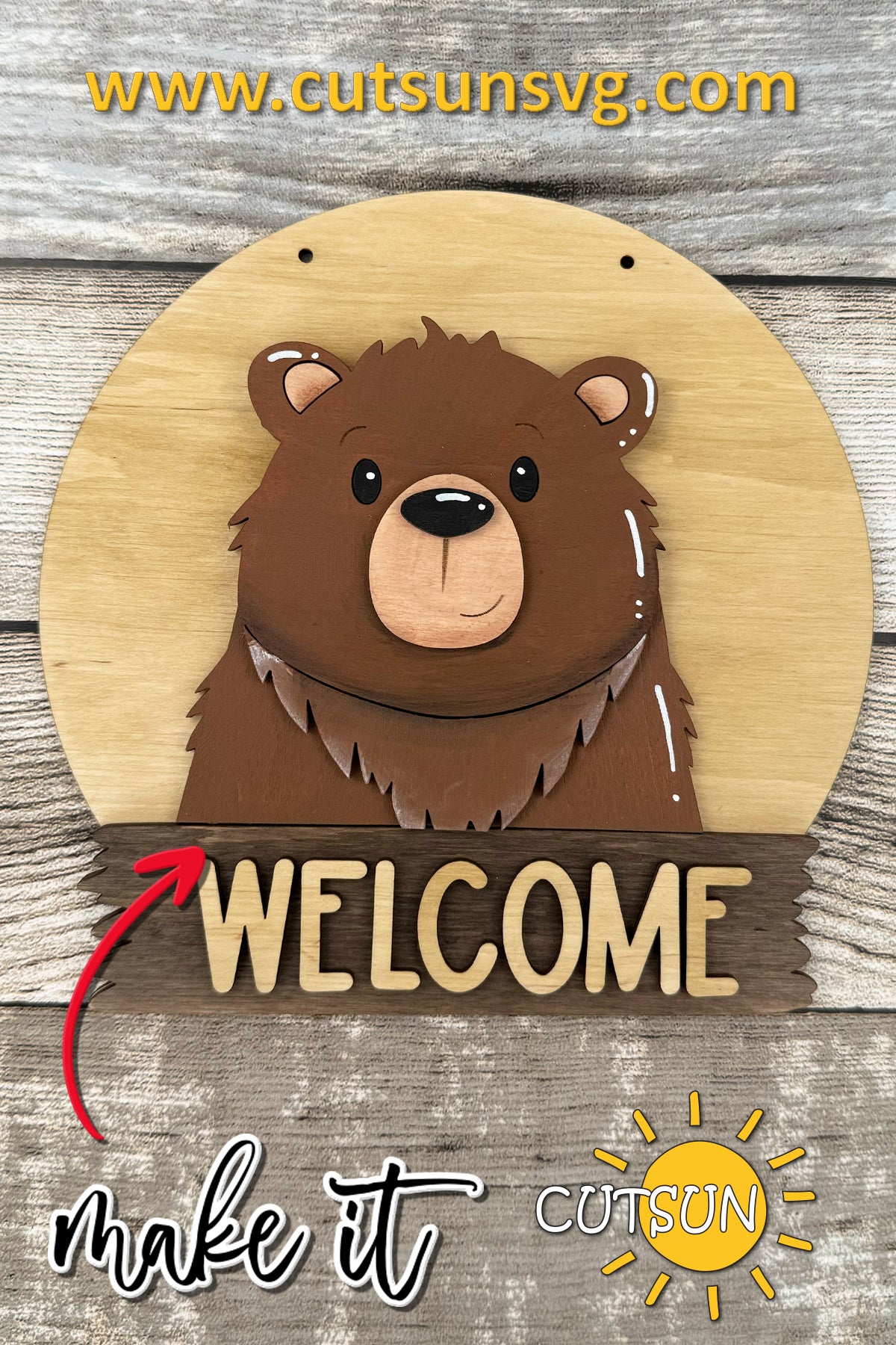 Bear Interchangeable Round Door Sign SVG | Cute Bear Welcome Sign Laser Cut File | Animal Door Hanger SVG