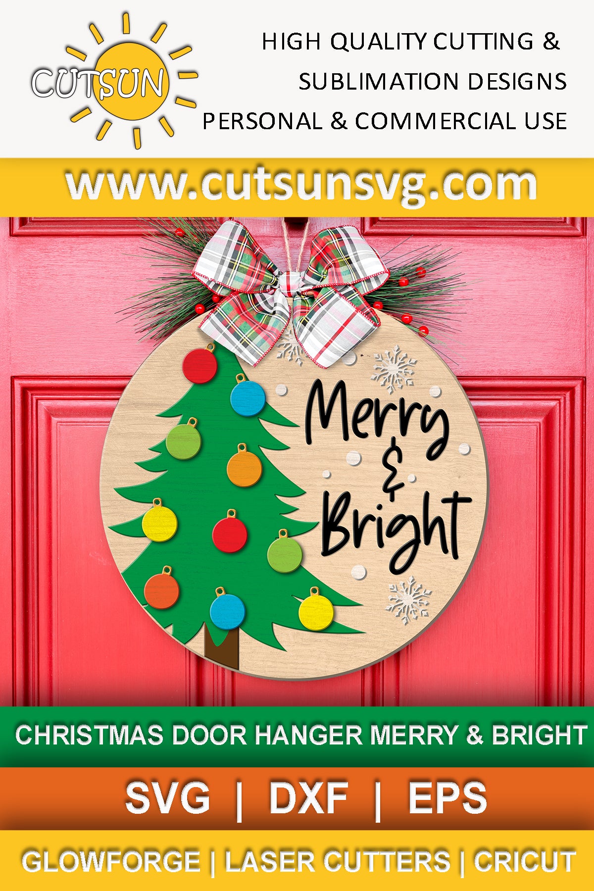Merry and Bright door hanger featuring a Christmas tree with colourful baubles and the words Merry and bright in a fun font, accompanied by beautiful snowflakes - digital download for lasers or craft cutting machines