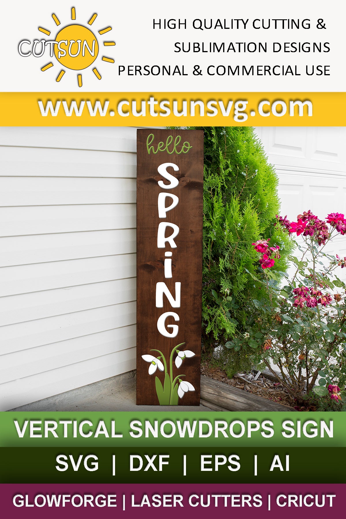 Spring Vertical Porch Sign SVG | Snowdrops “Hello Spring” Welcome Sign | Laser Cut File for Porch Leaner