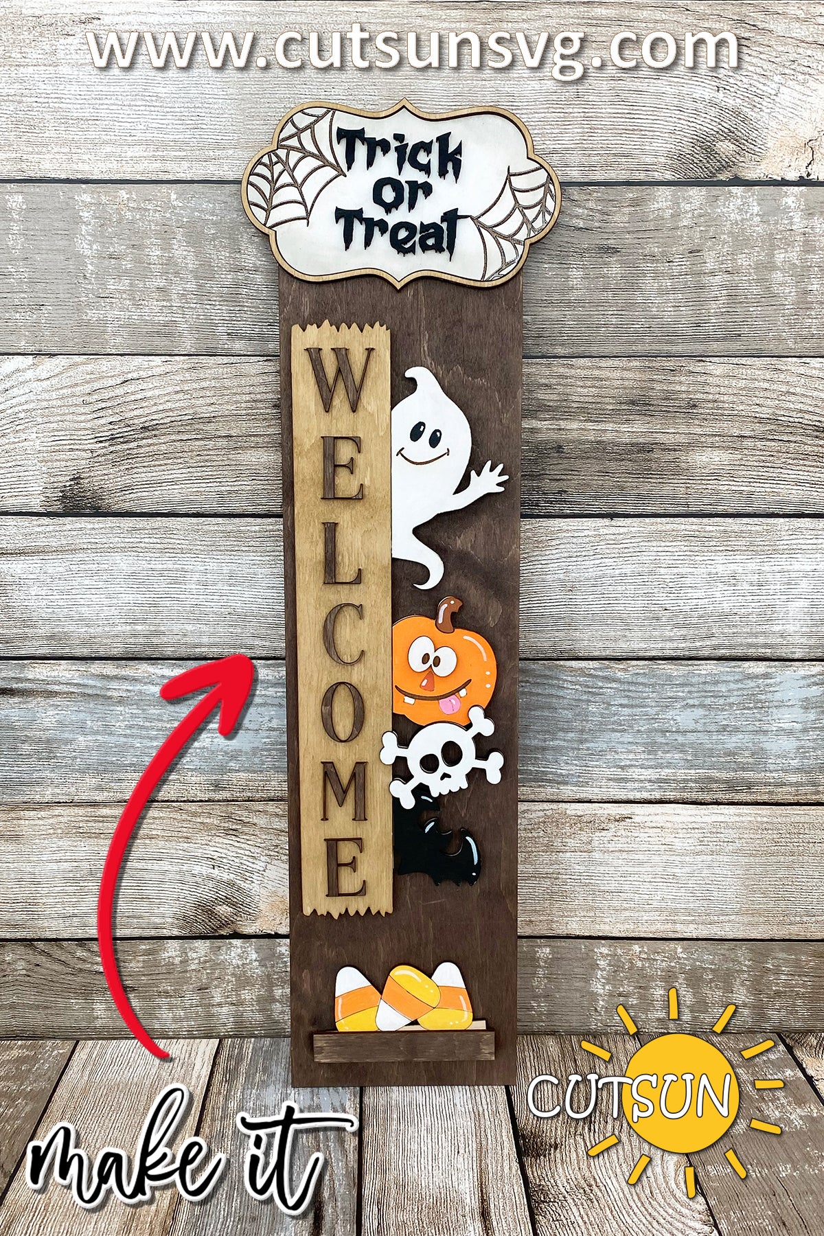 Halloween Porch Sign SVG – Interchangeable Ghost Add-On with Free Vertical Leaner for Laser Cutters