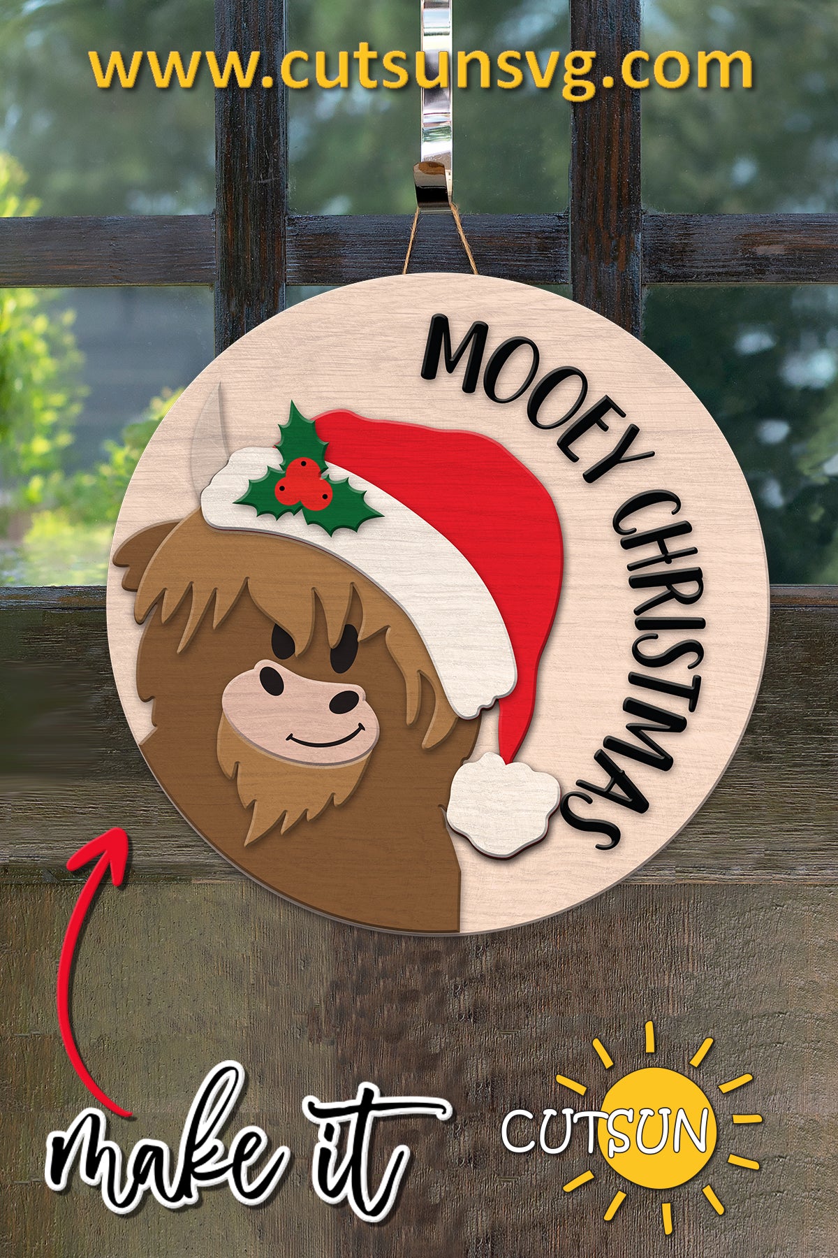 Highland Cow Mooey Christmas door hanger SVG laser cut file