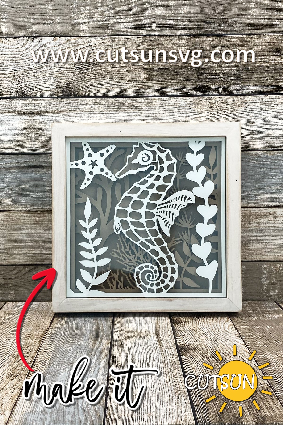 Layered seahorse shadow box SVG with coral, starfish, and ocean plants – laser cut file for Glowforge or xTool