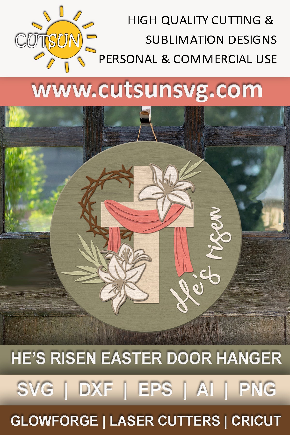 Easter door hanger SVG He's Risen front door decor SVG Christian Easter svg Glowforge SVG Laser cut file