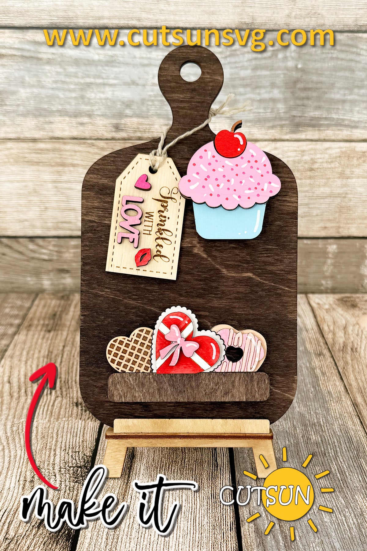 Valentine Interchangeable Cutting Board Decor SVG | Shelf Sitter Shelf Decor SVG | Cupcake “Sprinkled with Love” Laser Cut File