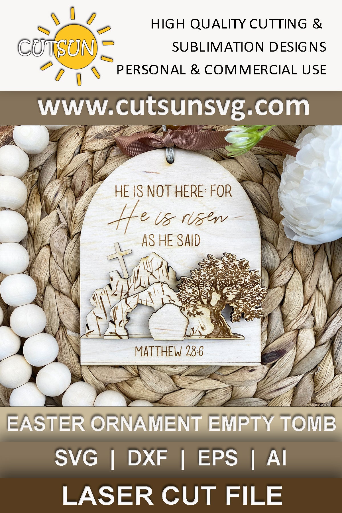 Easter Resurrection Ornament SVG | Empty Tomb and Cross Scene | Christian Religious Laser Cut File