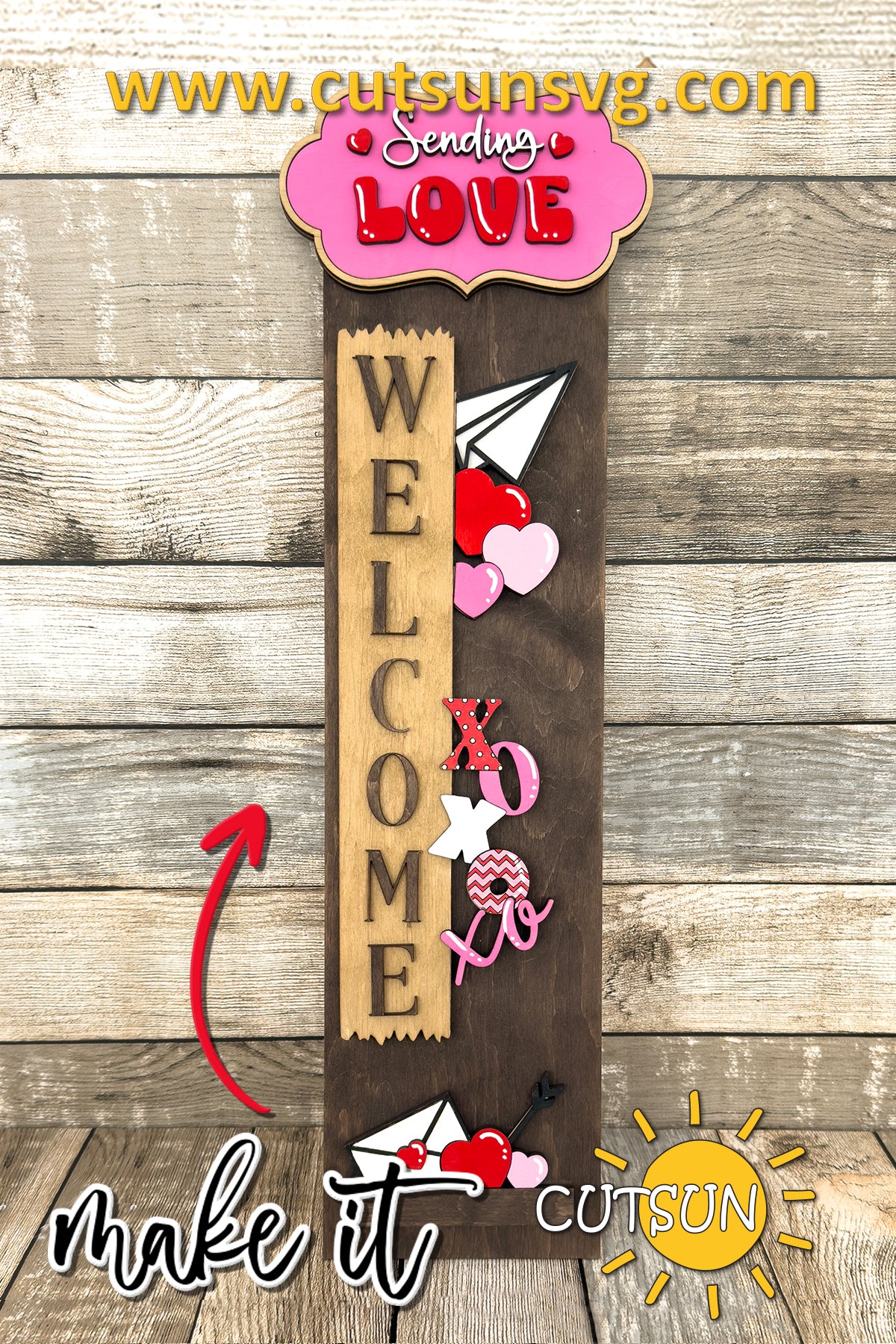 Valentine Porch Sign SVG | Interchangeable Vertical Leaner | Love Letter SVG | Paper Plane Sending Love SVG | Laser Cut File