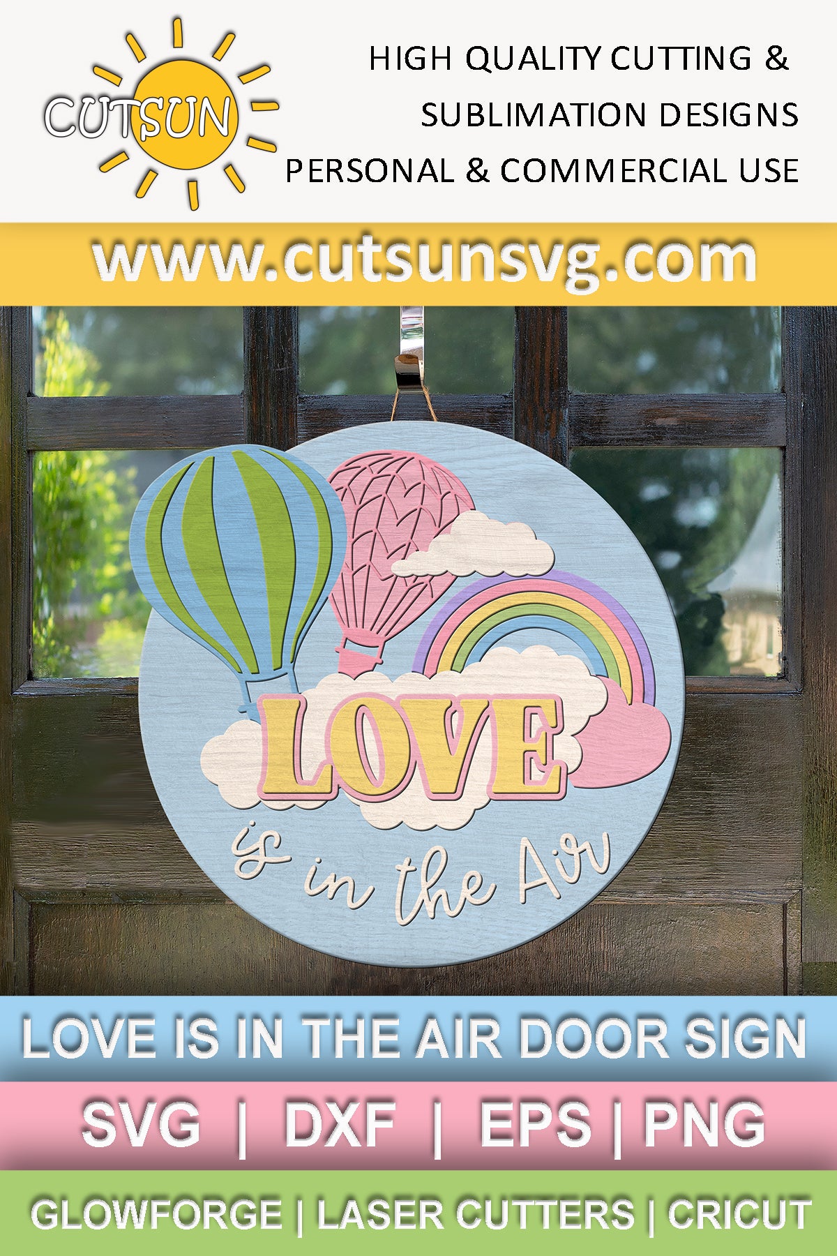 SVG digital download for a door hanger featuring two hot air balloons, a rainbow and the words "Love is in the air"