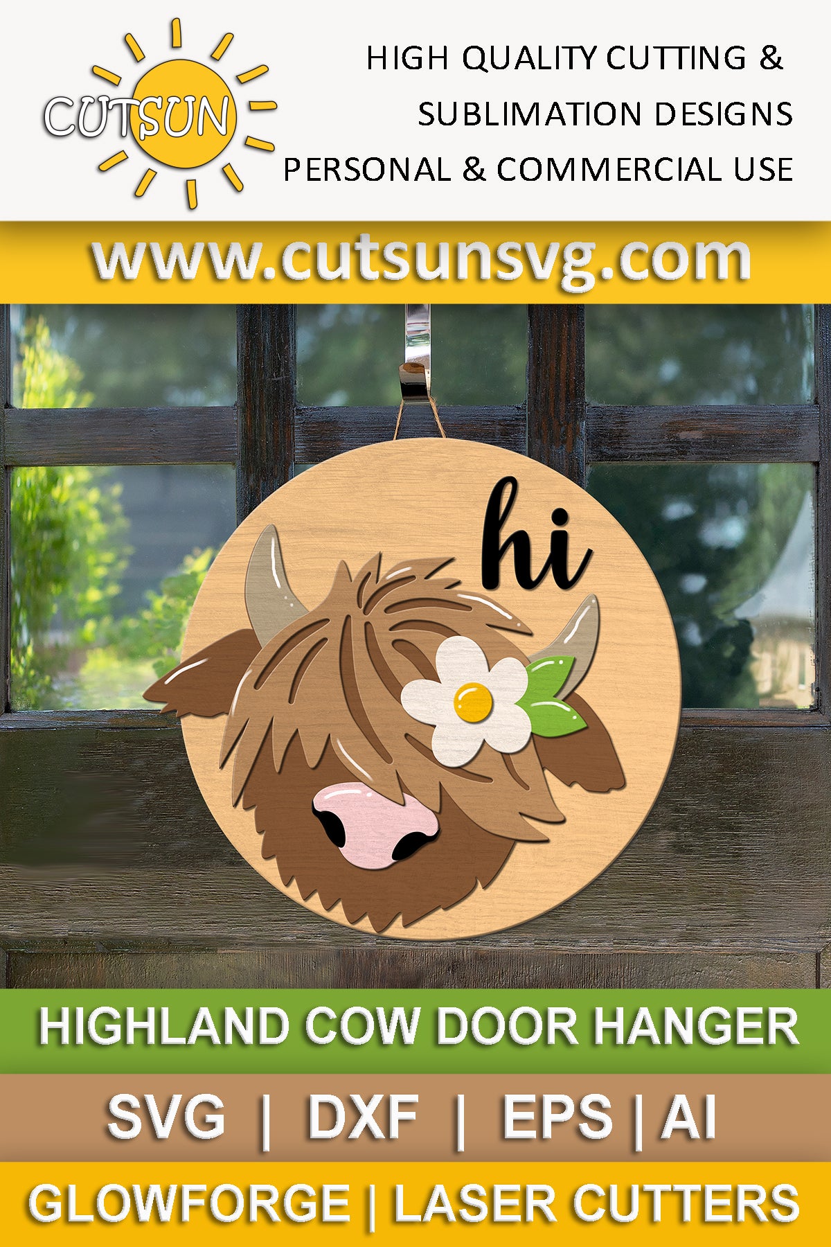 Highland Cow Door Hanger SVG | Cow Face Welcome Sign SVG | Farmhouse Door Hanger SVG | Rustic Front Door Sign Laser Cut File Glowforge SVG