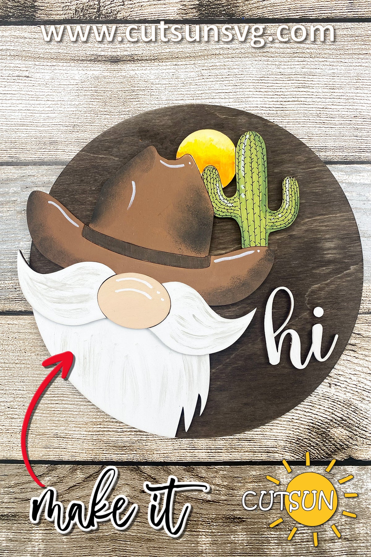 Cowboy Gnome Door Hanger SVG | Interchangeable Welcome Sign Laser Cut File | Western Cactus Gnome SVG