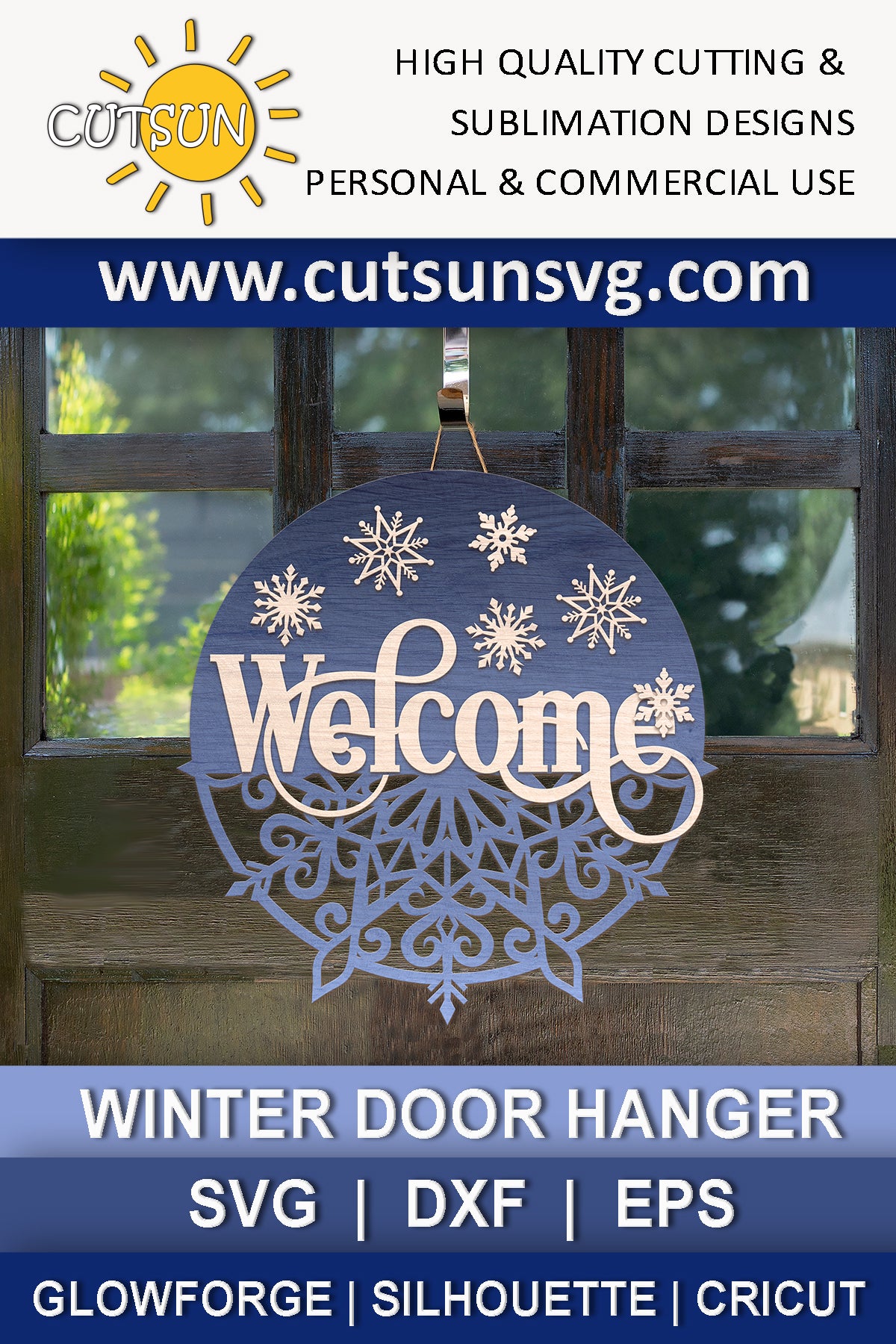 Snowflake door hanger Welcome sign SVG digital download for laser cutters or Cricut / Silhouette craft cutting machines