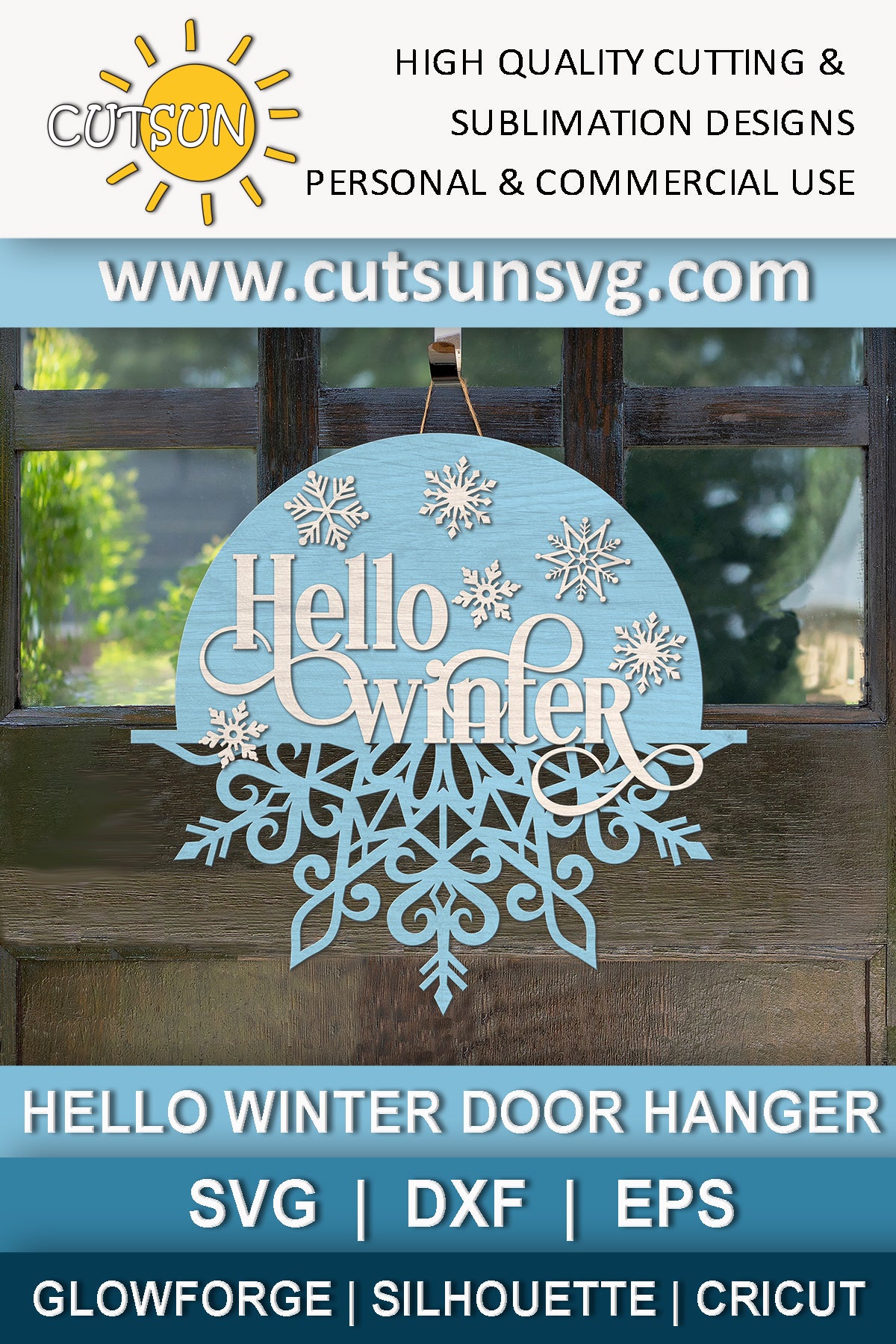 Winter Door Hanger SVG | Hello Winter Snowflake Welcome Sign | Christmas Door Sign Laser Cut File