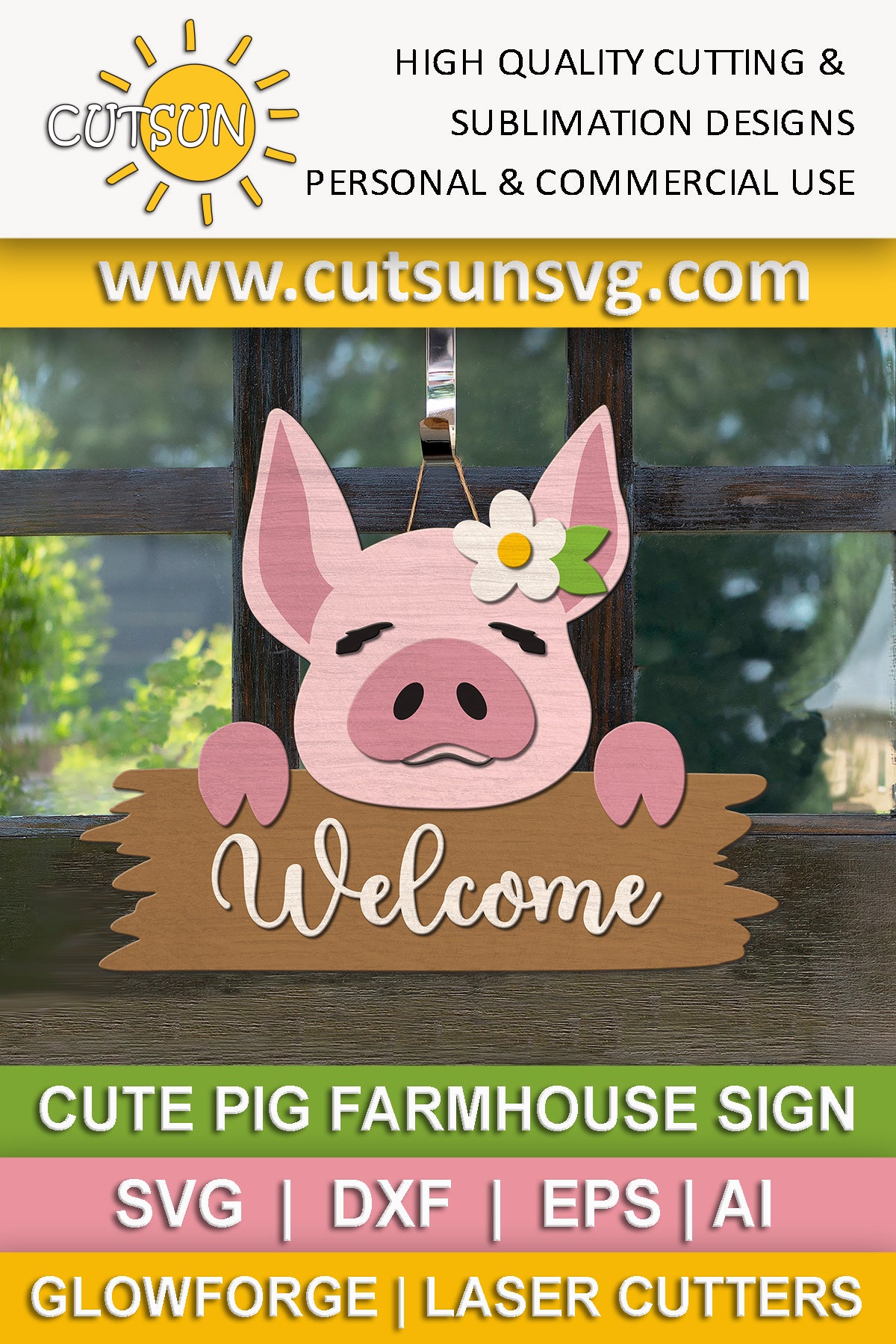 Cute Pig Door Hanger SVG | Farmhouse Welcome Sign SVG | Pig Front Door Decor Laser Cut File | Cricut SVG