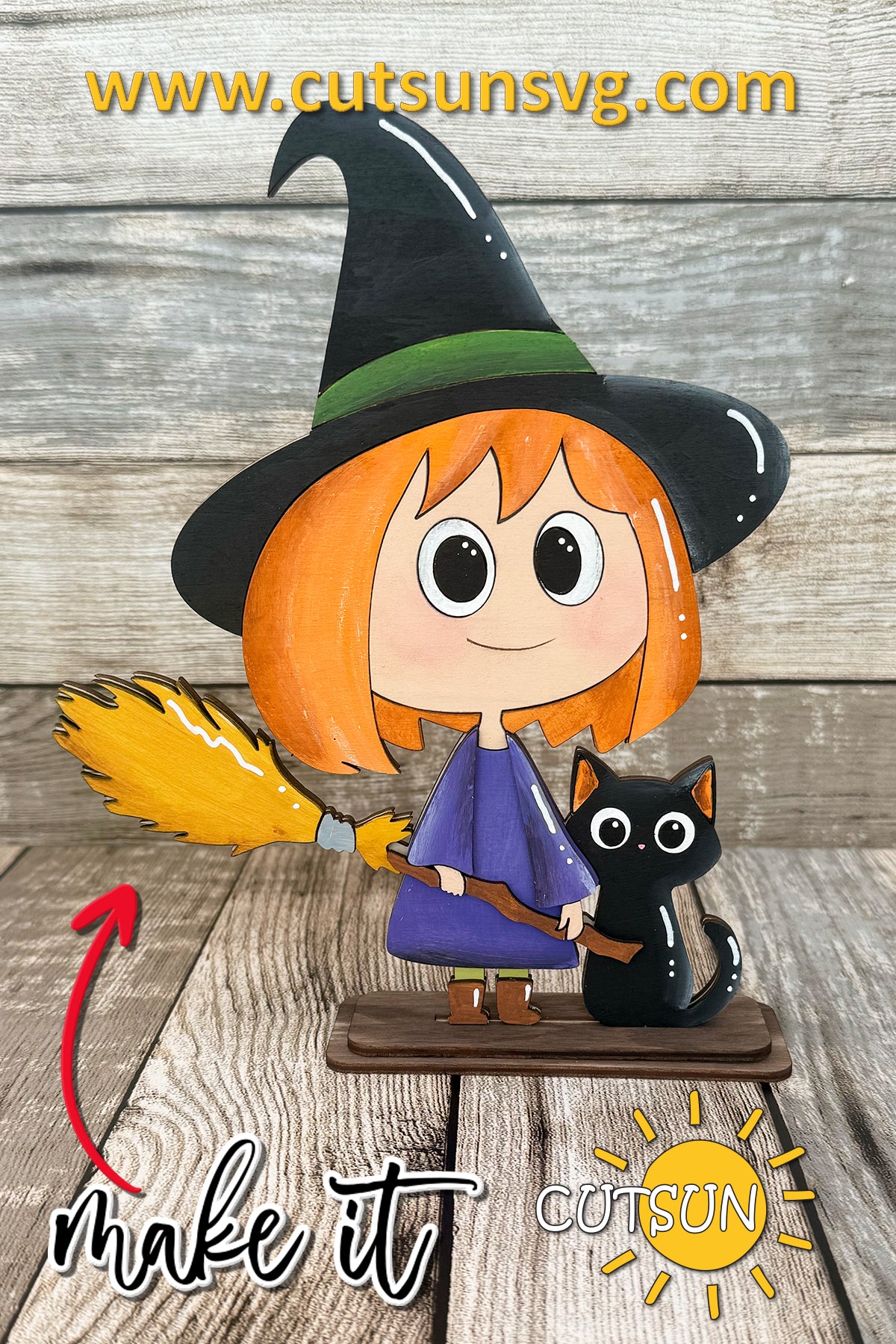 Witch with Cat Shelf Sitter SVG – Cute Halloween Shelf Decor Laser Cut File