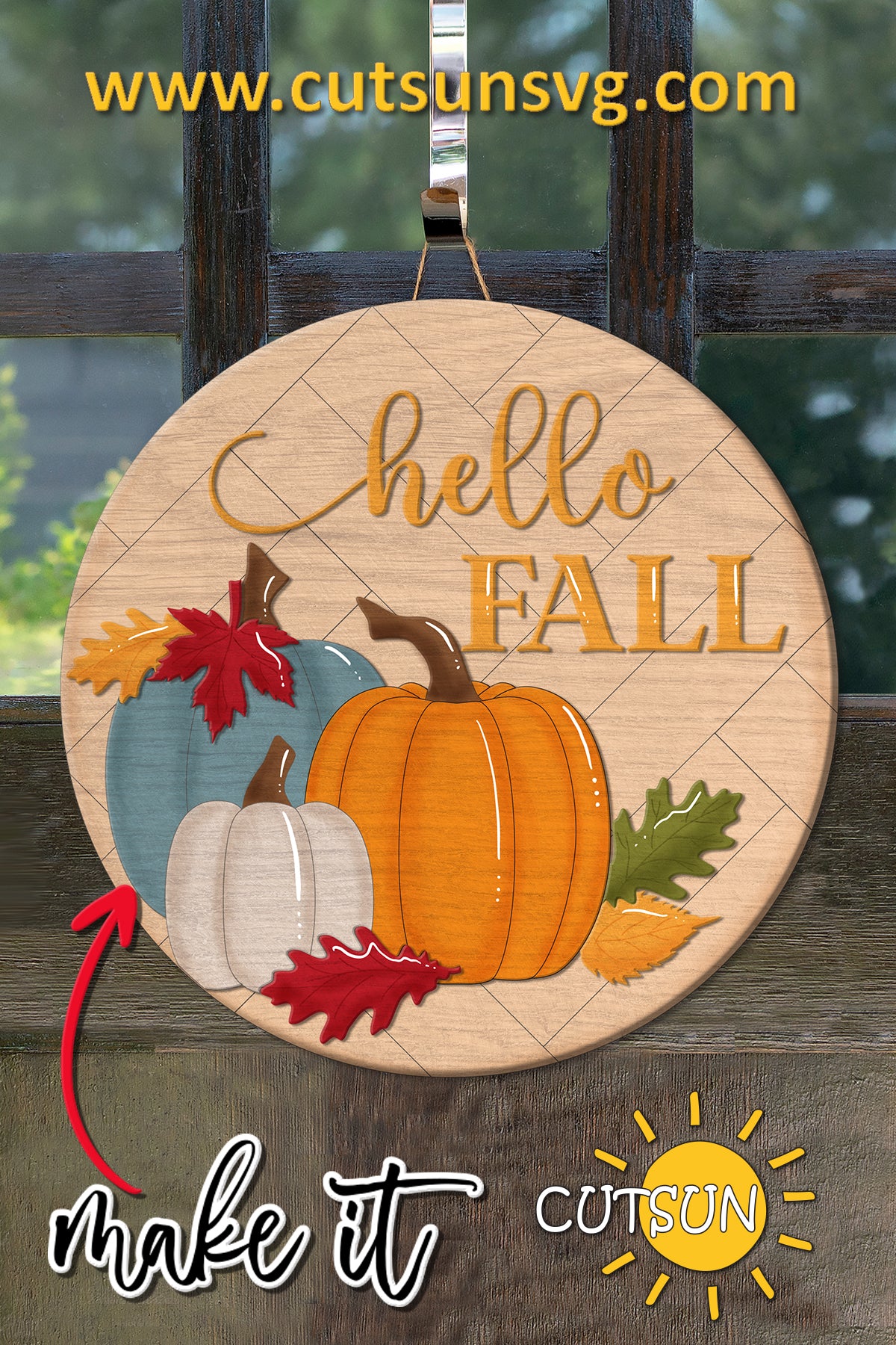 Hello Fall Door Hanger SVG – Layered Pumpkins & Leaves | Autumn Laser Cut File