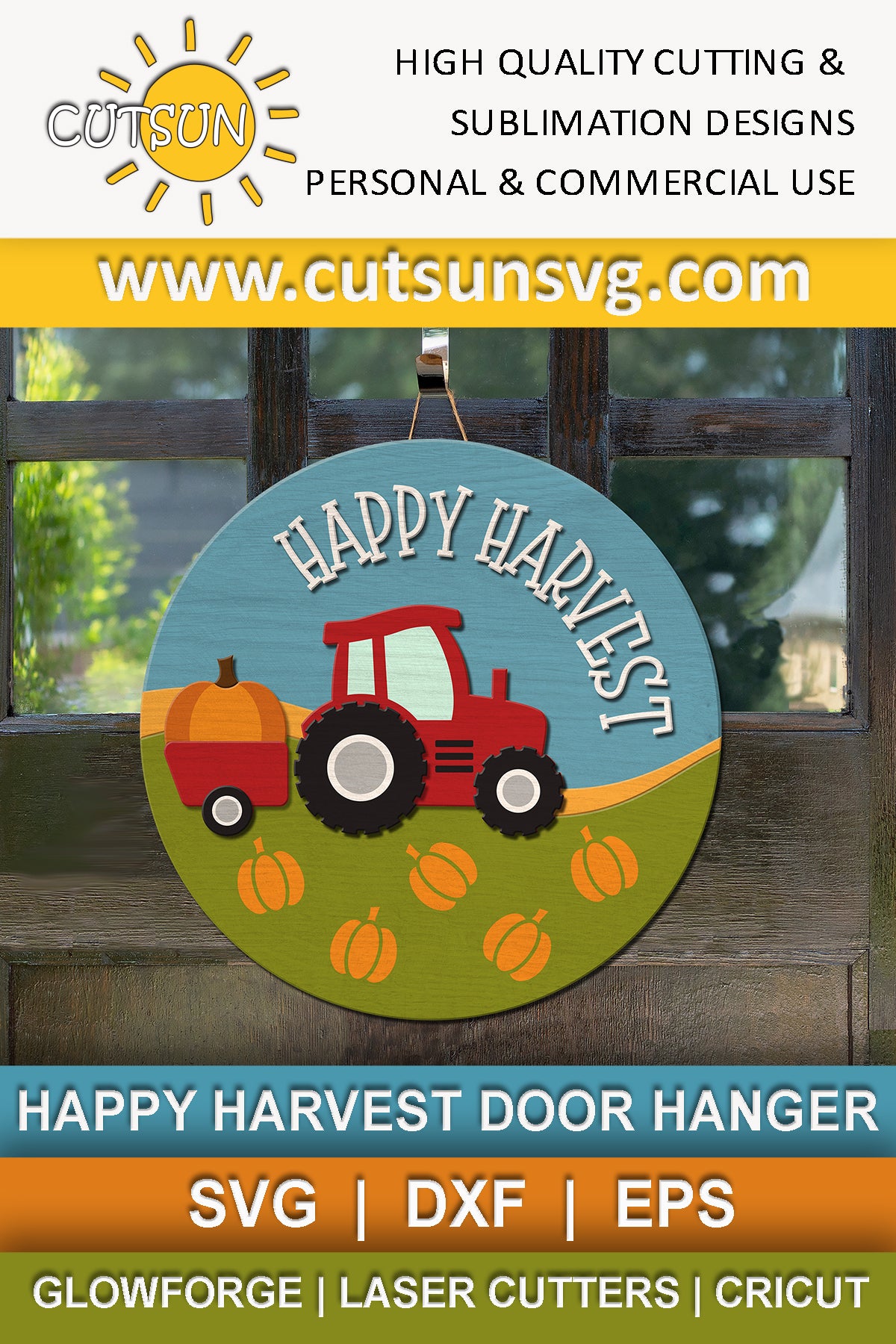 Happy Harvest Door Hanger SVG | Tractor Welcome Sign | Laser Cut File for Fall Farmhouse Decor