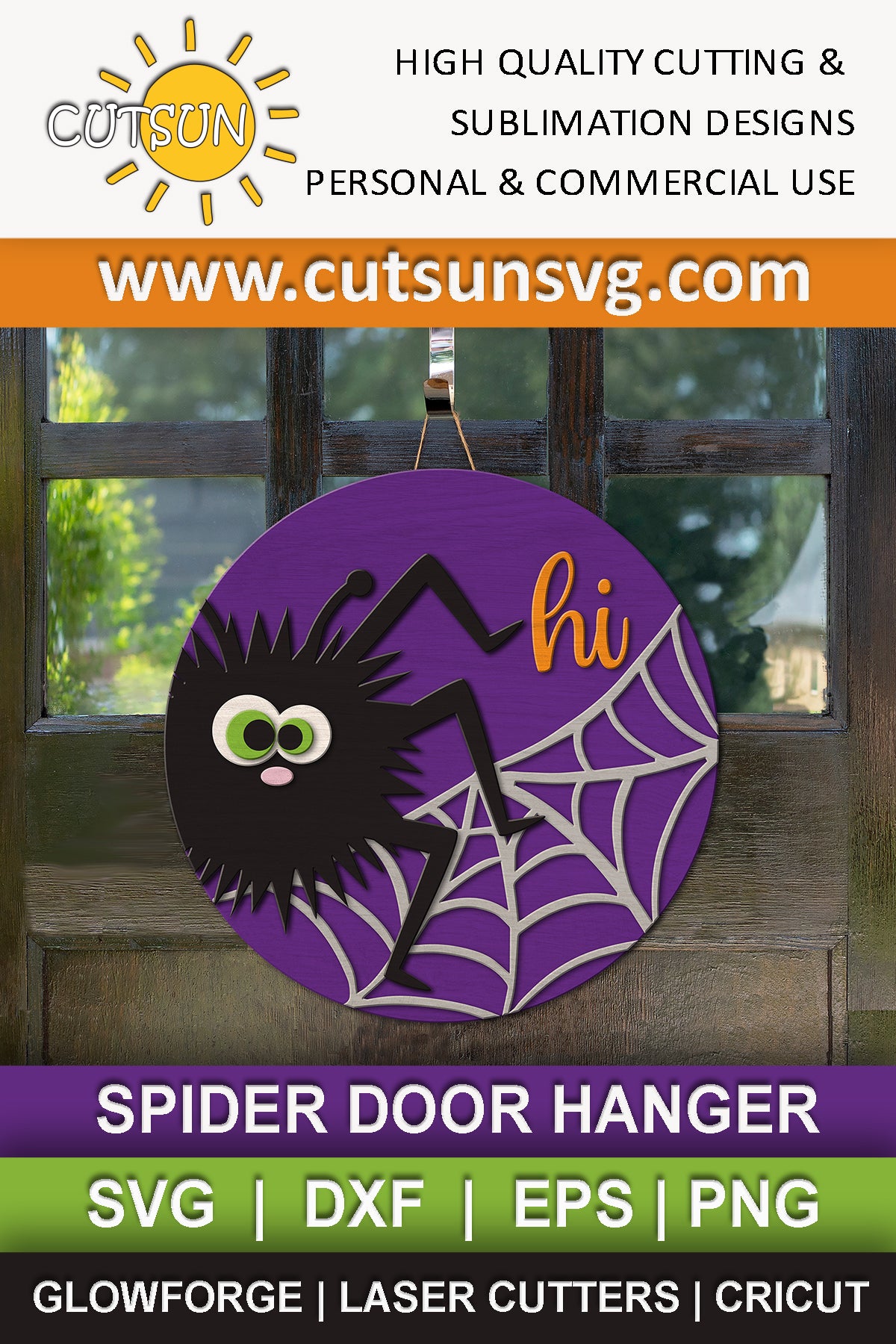 Cute Spider Halloween door hanger SVG file for laser cutters or Cricut