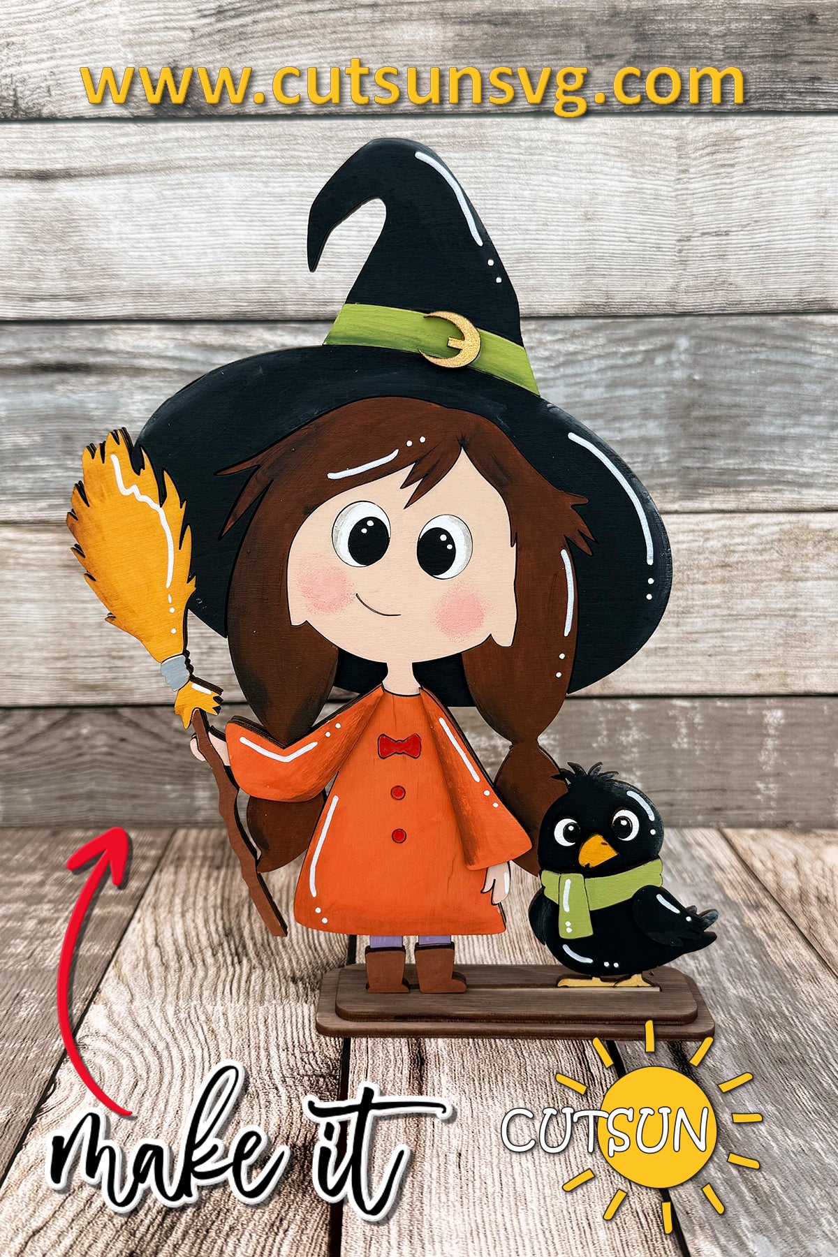 Cute Witch with Crow Shelf Sitter SVG | Halloween Mantel & Shelf Decor | Laser Cut File