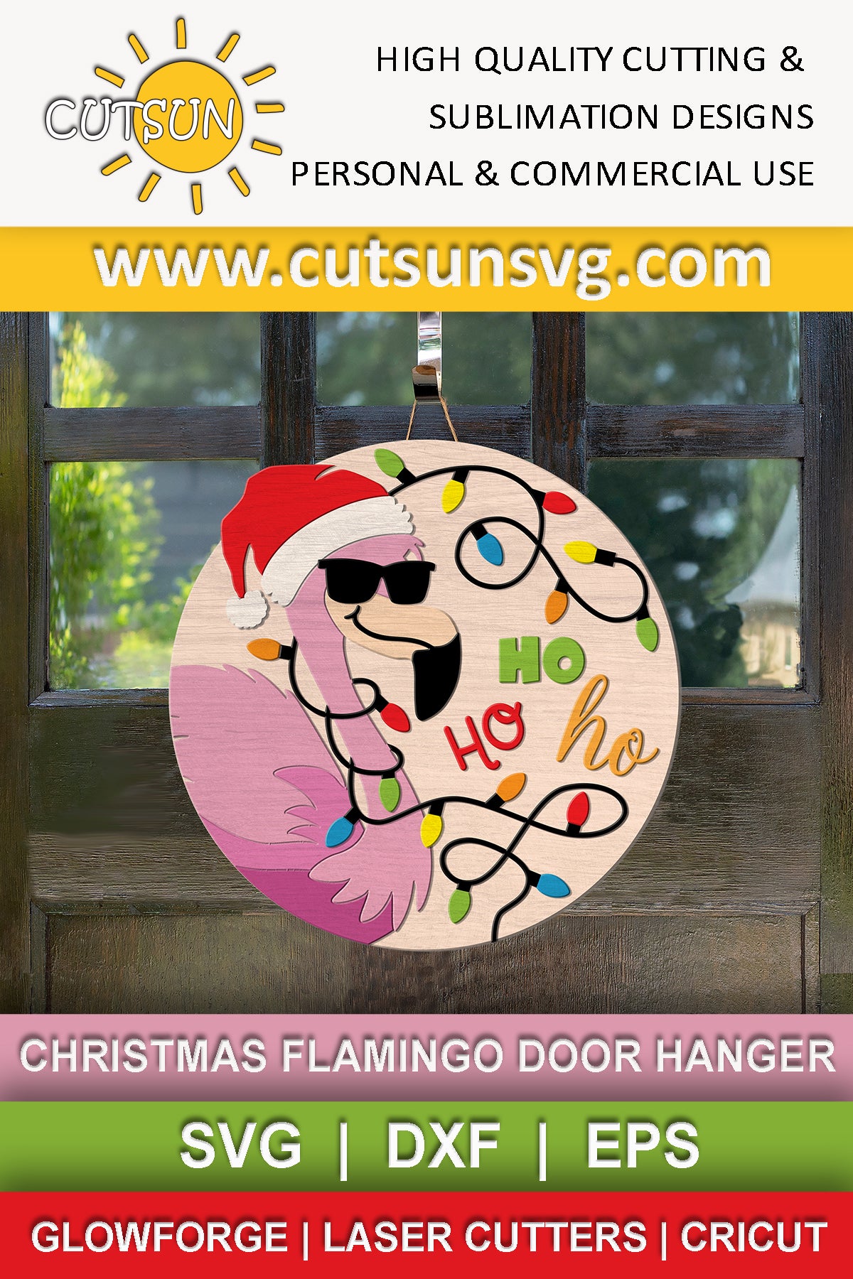 Christmas flamingo with sunglasses, Santa hat and a string of Christmas lights svg digital download