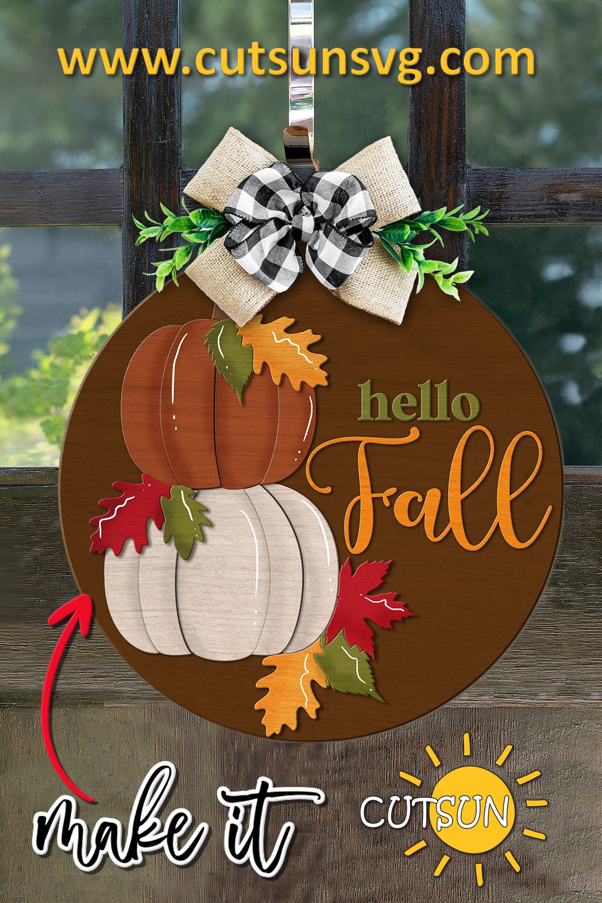 Hello Fall Round Sign SVG – Pumpkin Door Hanger Laser Cut File with Autumn Leaves for Glowforge & xTool