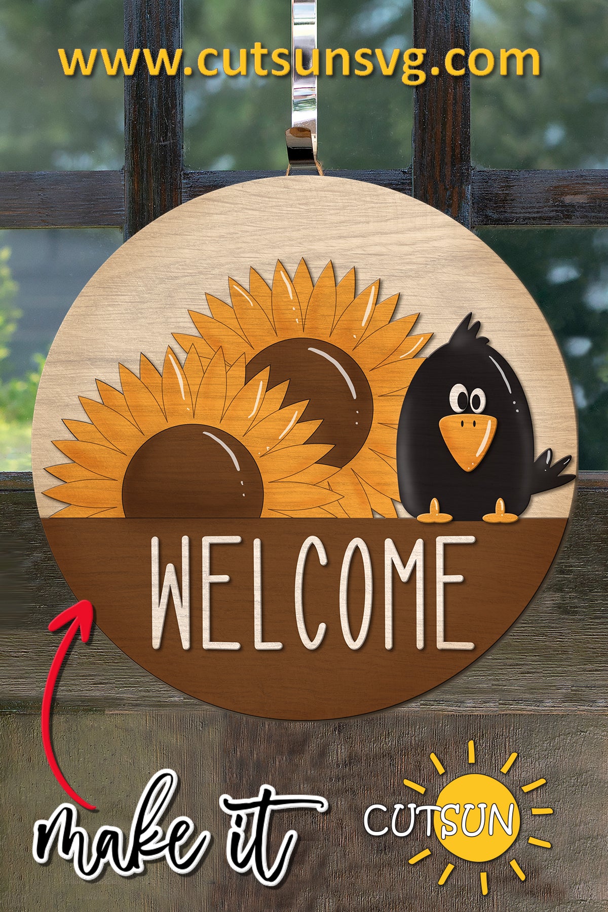 Cute Crow Door Hanger SVG | Fall Porch Welcome Sign with Sunflowers | Laser Cut File
