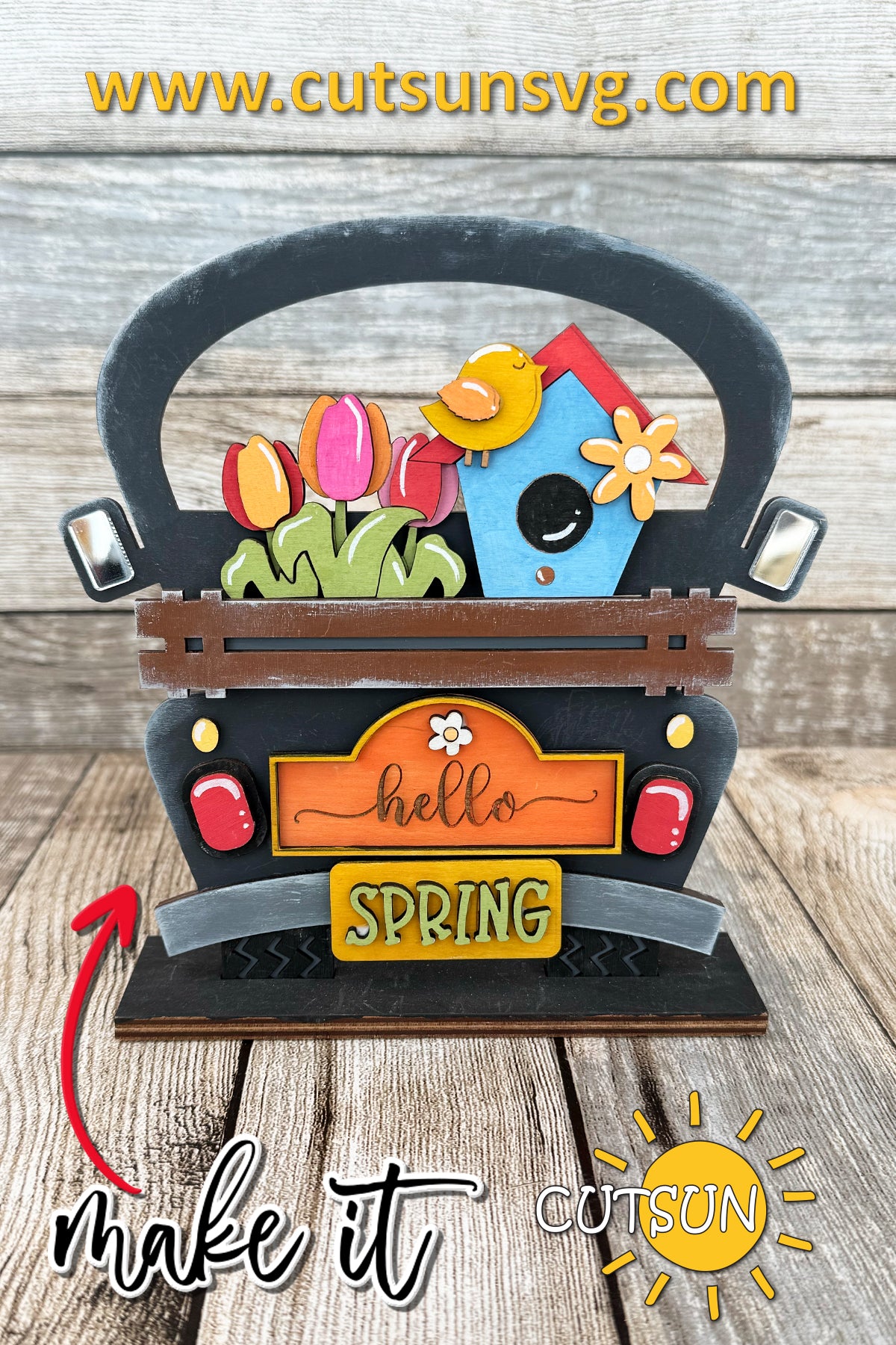 Hello Spring Add-on for Interchangeable Farmhouse Truck / Garden Wheelbarrow SVG Laser cut file