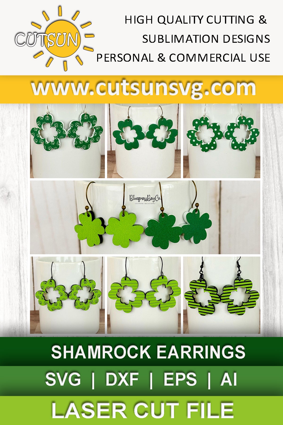 Patterned shamrocks earrings SVG digital download