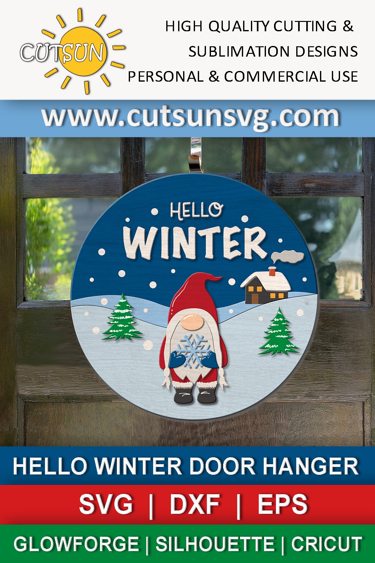 Gnome holding a snowflake on a winter scene with two trees and a small house and the words Hello Winter - svg digital download