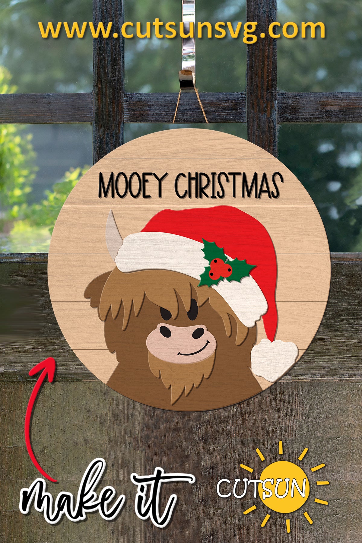 Highland Cow Mooey Christmas door hanger SVG laser cut file