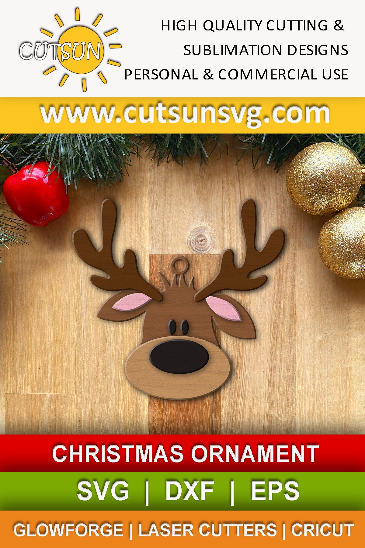 Reindeer Christmas ornament SVG laser cut file