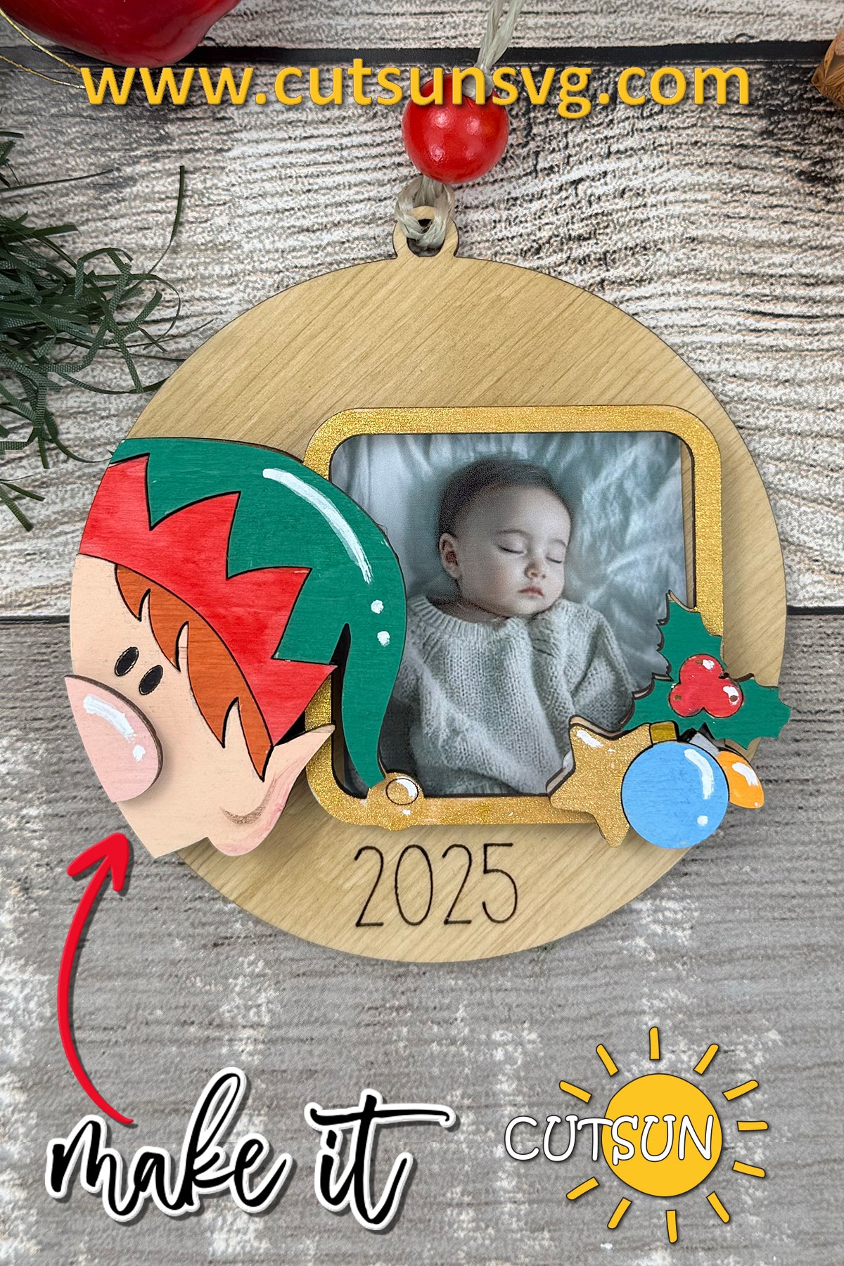 Elf Christmas Photo Ornament – Keepsake Ornament, Laser Cut File