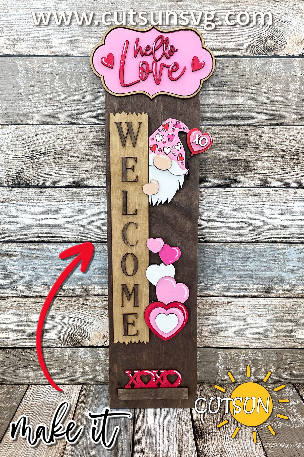 Valentine Porch Sign SVG | Interchangeable Gnome Add-On for Vertical Porch Leaner | Hearts and Love Laser Cut File