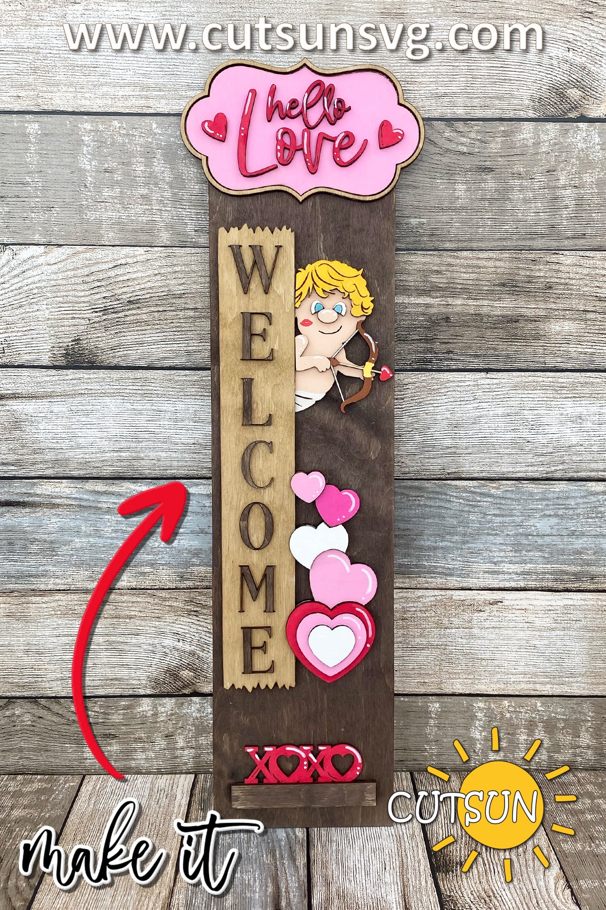 Valentine Porch Sign SVG | Interchangeable Vertical Welcome Leaner | Cupid Valentine’s Day Decor Laser Cut File