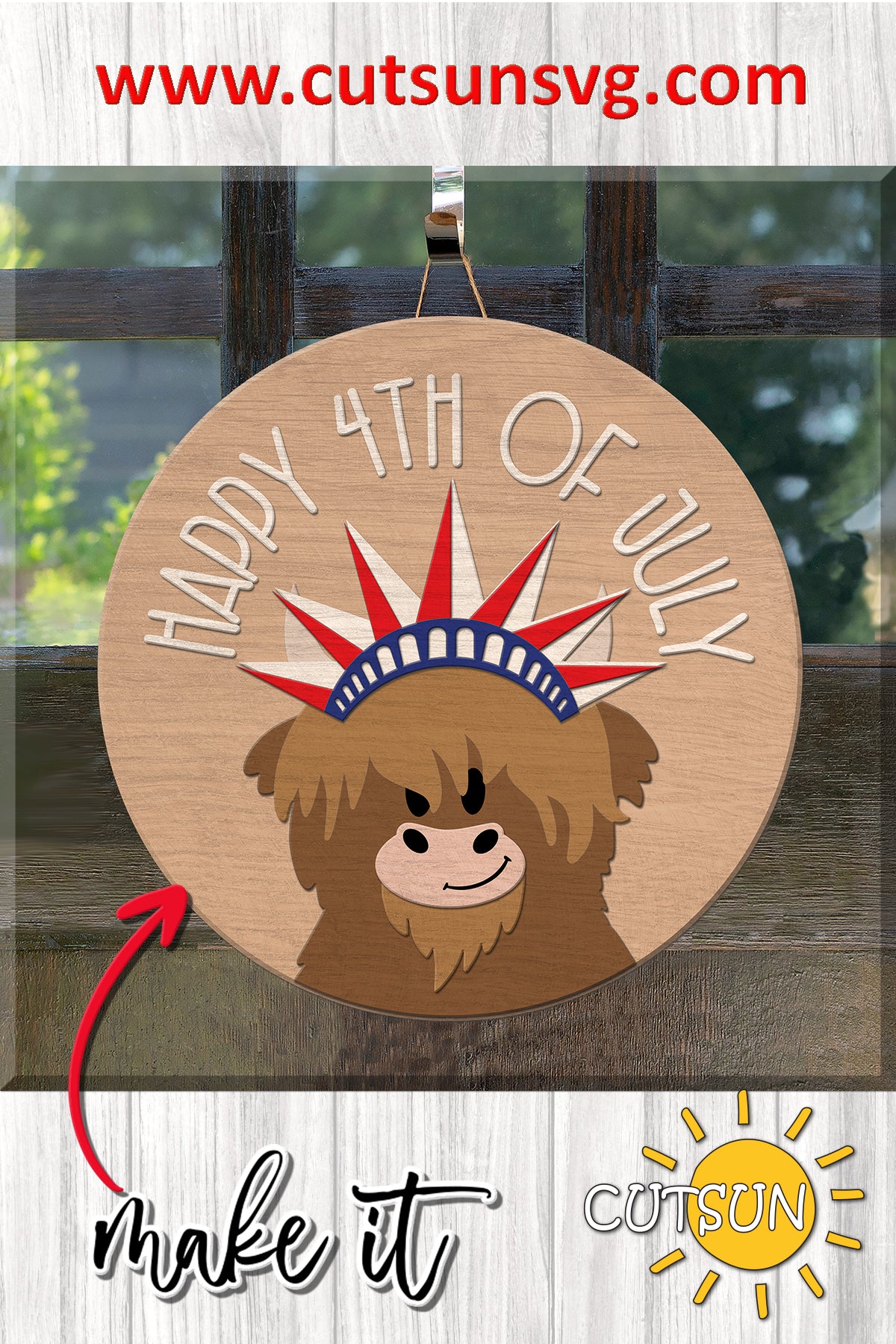Happy 4th of July door hanger svg Patriotic Highland cow door sign SVG Statue of Liberty crown svg Glowforge svg Laser cut file Cricut SVG (Copy)